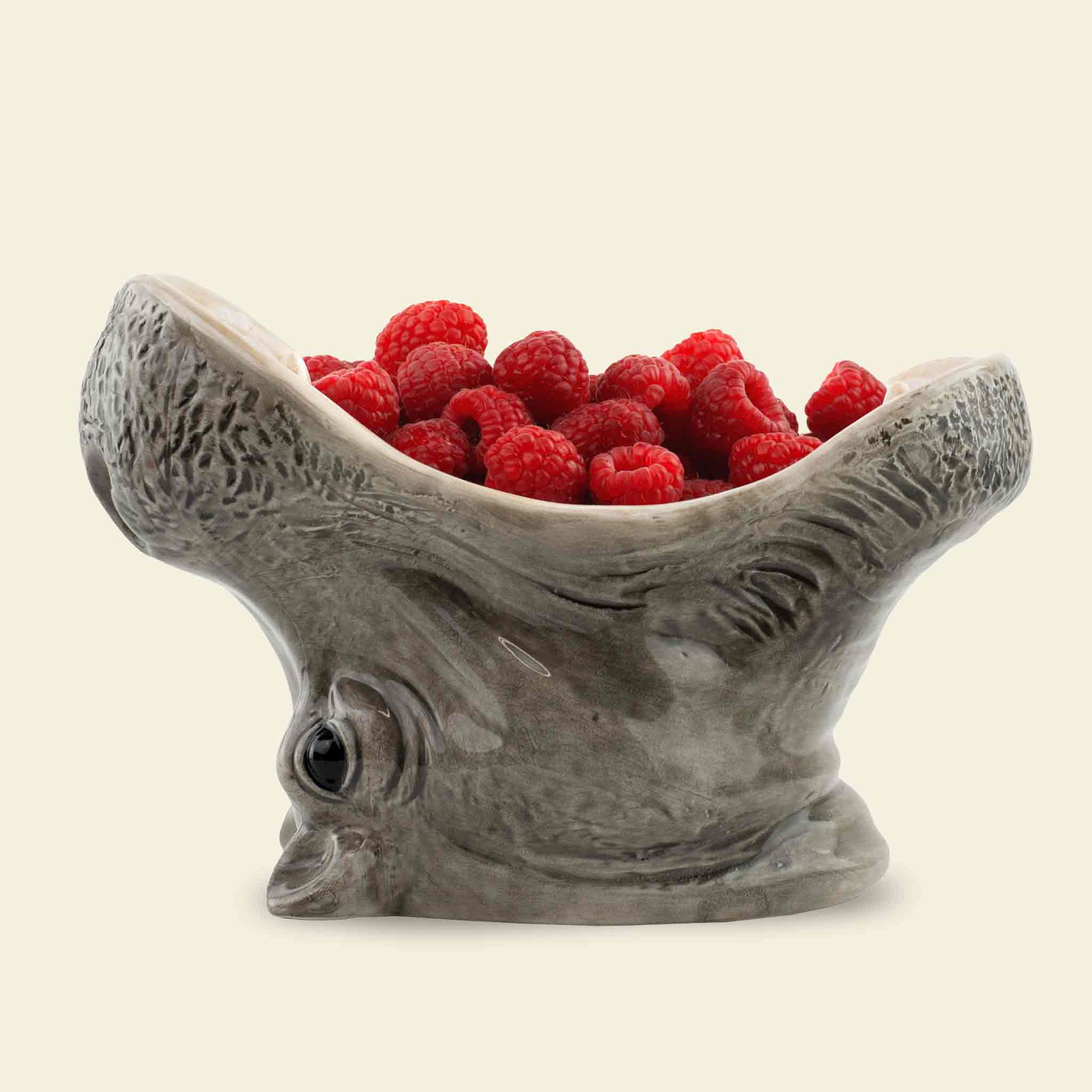 Hungry Hippo Bowl mit Himbeeren befüllt